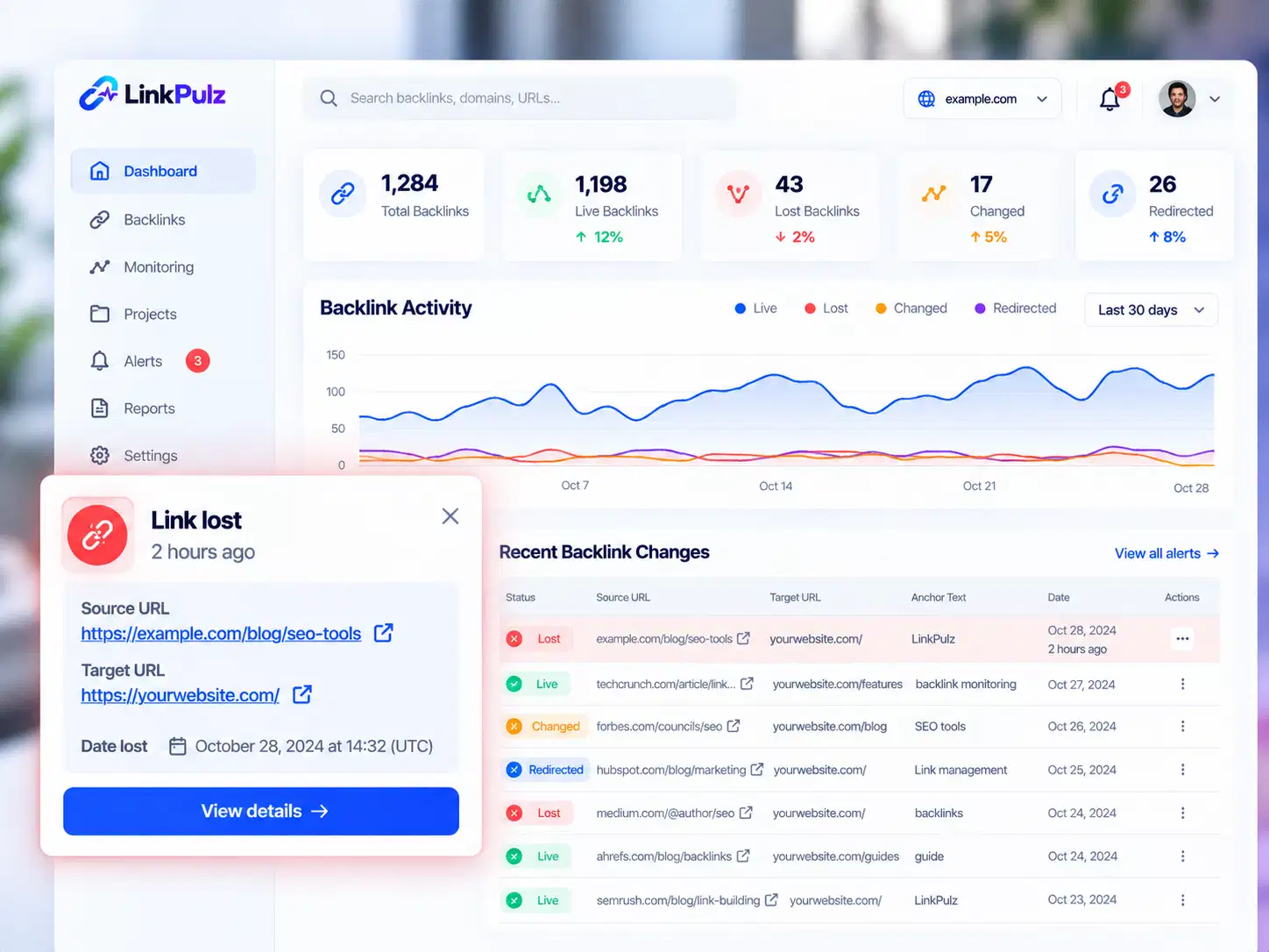 Preview of the LinkPulz backlink monitoring dashboard